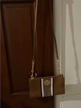 Tory Burch Carson Stripe Brown Leather Crossbody with White and Dark Stripe